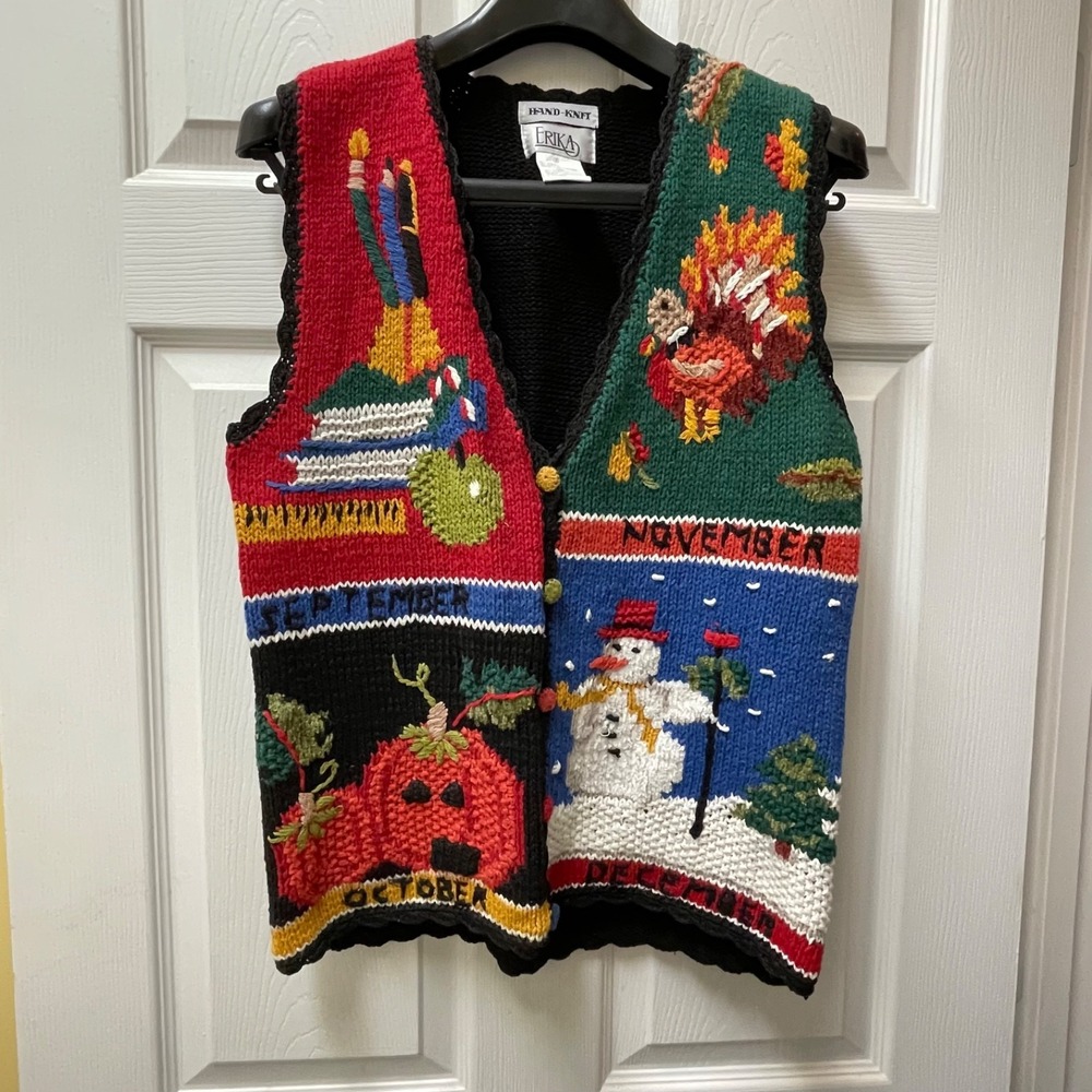 Vintage Erika Sweater Vest Women's Small Multicolor Holiday Hand Knit Ber Months - Picture 2 of 13